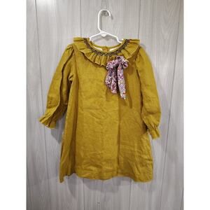 The Oaks Apparel Girls Dress Size 5 Long Sleeve Linen Mustard Floral Boutique
